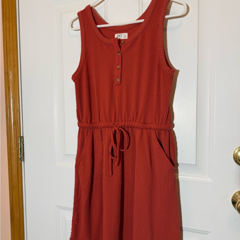 Sleeveless Henley Drawstring Midi Dress - Rust- very stretchy